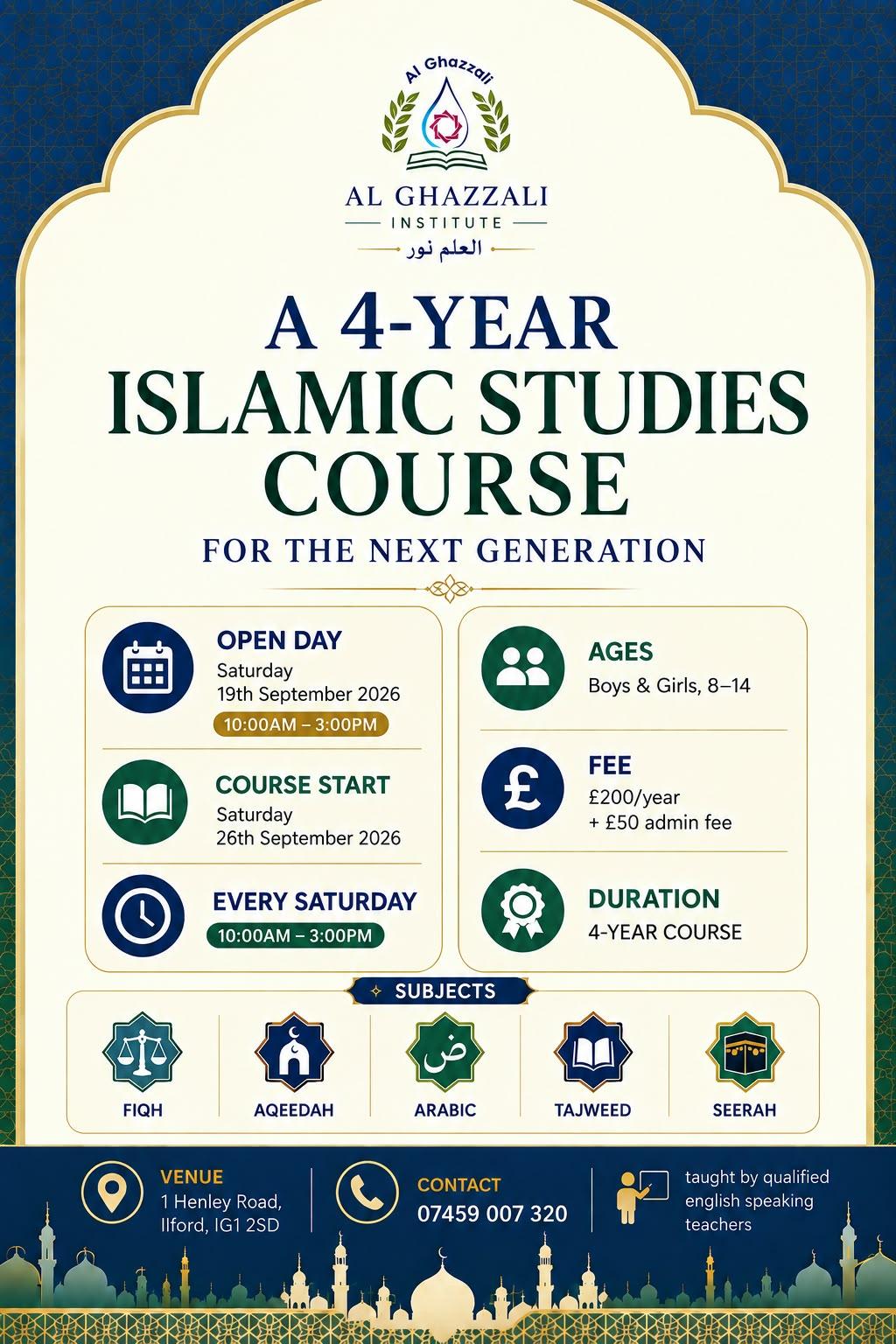 Poster for Al Ghazzali Academy 2026 — A 4-Year Islamic Studies Course